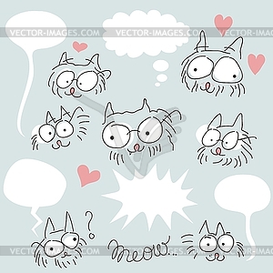 Doodled bespectacled cats set - vector clipart