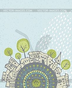 Summer rain falling over city - vector clipart