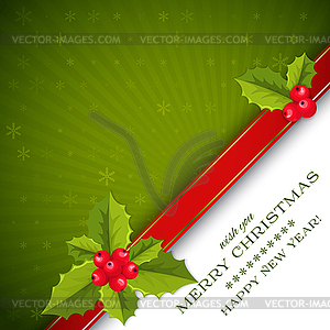 Merry Christmas card with holly berries - vector image