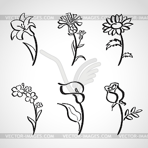 Ink style sketch set - summer flowers - vector clipart