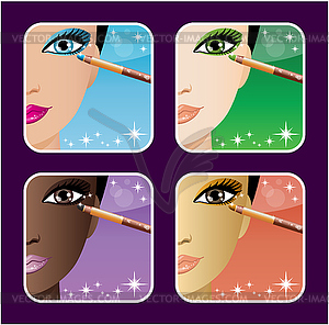 Set of makeup young European, Asian, African women - vector image