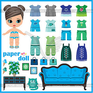 Paper doll with clothes set - vector clip art