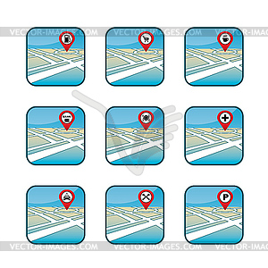 City map with GPS icons - vector clip art