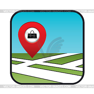 Street map icon with pointer store bags - vector clipart