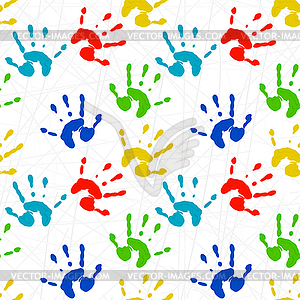 Seamless texture with colorful prints of child palms - royalty-free vector clipart