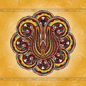 Round floral design element on yellow background - royalty-free vector clipart