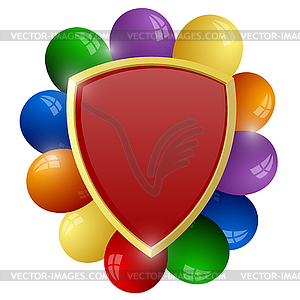 Red shield with bunch of colorful balloons - vector clip art