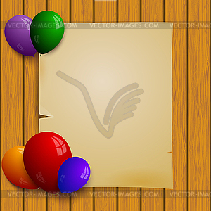 Wooden plank wall with piece of paper and balloons - vector clipart