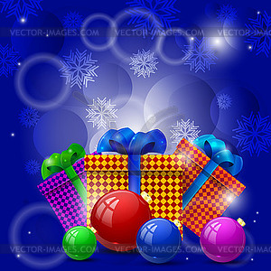 Рождественские подарки и новогодние шары на синем - векторное изображение клипарта