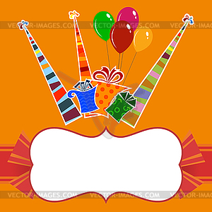 Orange background with striped party hats and gifts - vector image