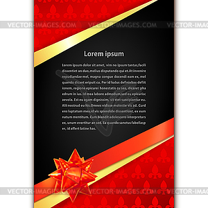 Greeting card with golden ribbon, red bow and - vector image