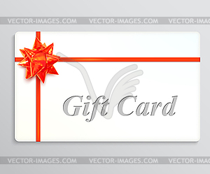 White gift card with red bow and ribbons. Design - vector clipart