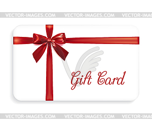 Gift card with red bow and ribbons. Design - vector image