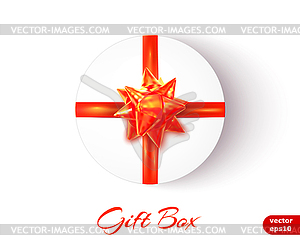 Round gift box with red bow and ribbons - vector image