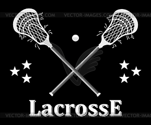 Crossed lacrosse stick and ball on black background - vector clip art