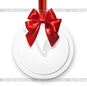 Blank white badge with red silk ribbon and red bow - vector image