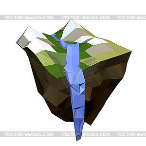 Island with mountains and falling mountain river - vector image