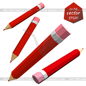 Set of red pencils . Low poly style - vector image