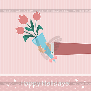 Pink celebratory background with bouquet of tulips - vector clipart