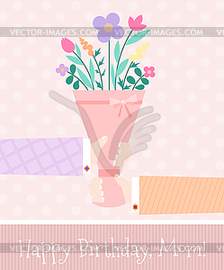 Pink festive background with bouquet of flowers - vector image