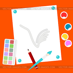 Bright background with paper, paints, brushes and - stock vector clipart