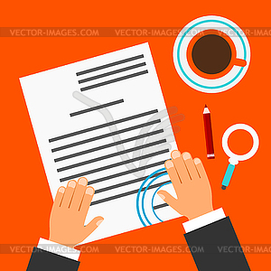 Bright red background with document, contract, - vector image