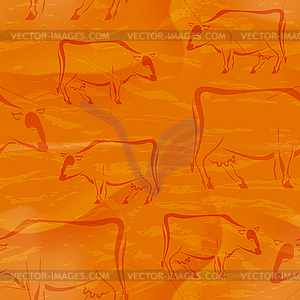 Seamless bright red background with cows in tribal - vector image