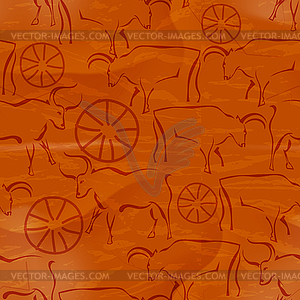 Seamless red background with oxen and plow in triba - vector clip art