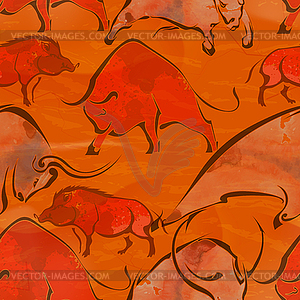 Seamless red background with bull and wild boar in - vector clipart