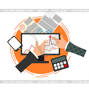 Digital monitor with schedule and hands of - vector clip art