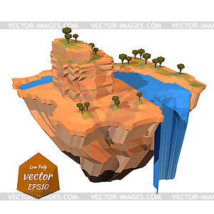 Floating island with rock waterfall. Lowpoly - vector image