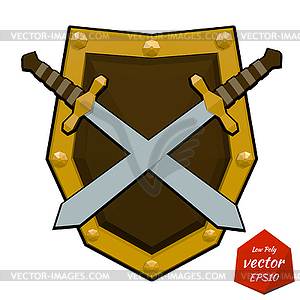 Low poly shield and swords - vector image