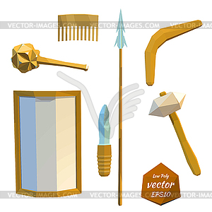 Set tools of prehistoric man: spear, hammer, mace, - vector clipart