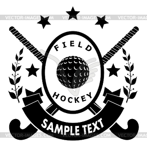 Sign field hockey - two sticks, ball, ribbon with - vector clip art
