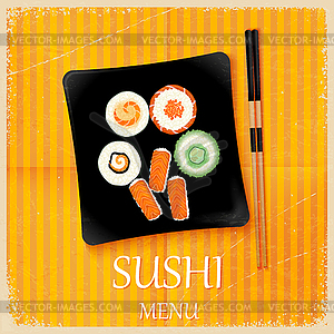 Retro vintage sushi menu with square plate. - vector clip art