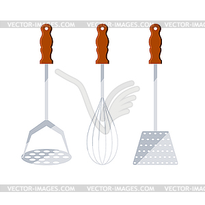 Set of kitchen metal tools with wooden handles. - vector clip art