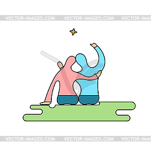 Romantic figures boys and girls looking at star. - vector clipart / vector image