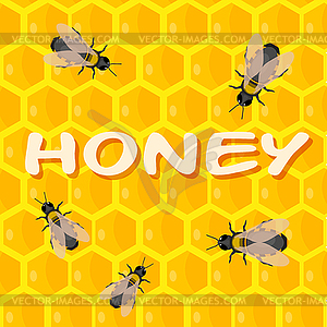 Bees on honeycomb with honey. Cartoon style - vector clip art