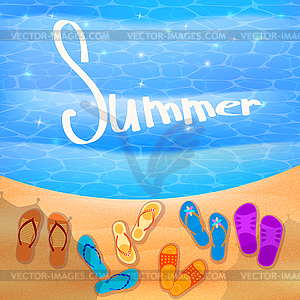 Beach shoes on beach. sunny beach with shoes. - vector clip art