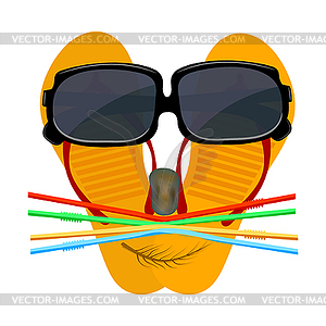 Merry playful face of flip flops, glasses, stone, - vector clipart
