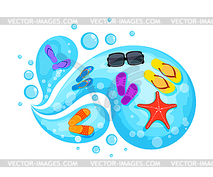 Flip flopson wave of sea. Concept Summer beach - vector image