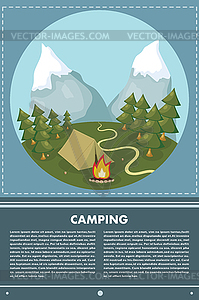 Flat web banner on theme of camping with bonfire. C - vector clipart