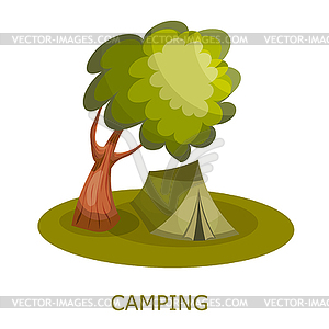 Green tourist tent under tree. Forest Glade with - vector clipart