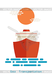 Плоский корабль на волнах. Туристический корабль на фоне - клипарт в векторе / векторное изображение