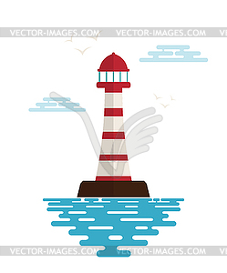 Lighthouse with waves, clouds and birds. I - vector image