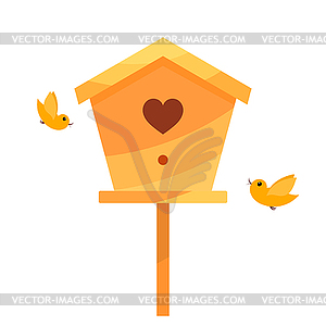 Yellow Cartoon birdhouse with two birds. I - color vector clipart