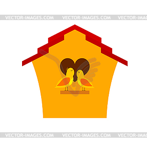 Yellow Cartoon birdhouse with birds. Two birds in - vector clip art