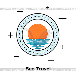 Porthole ship and sunset on water. Schematic - vector clipart