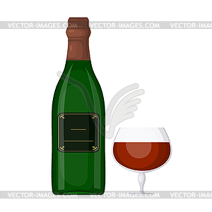 Green bottle of wine with glass. Cartoon - stock vector clipart