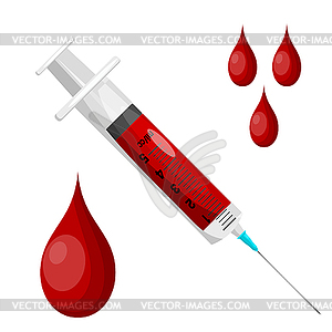 Syringe and drop of blood. Isolate. Dispos - vector clipart